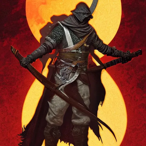Image similar to an ultra detailed vector image of solaire of astora dressed as the hunter from bloodborne, concept art by alphonse mucha and greg rutkowski, scary shadows, blood moon eclipse, octane render, liminal space