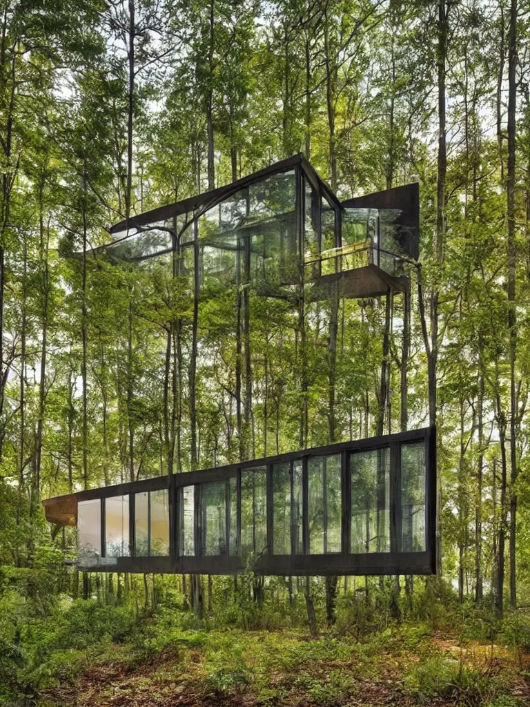 Prompt: modern glass architecture integrated with the nature and open to the woods, enviromental art, big mirror doors open to the forest, integrated, colorful, creative photography, photorealistic