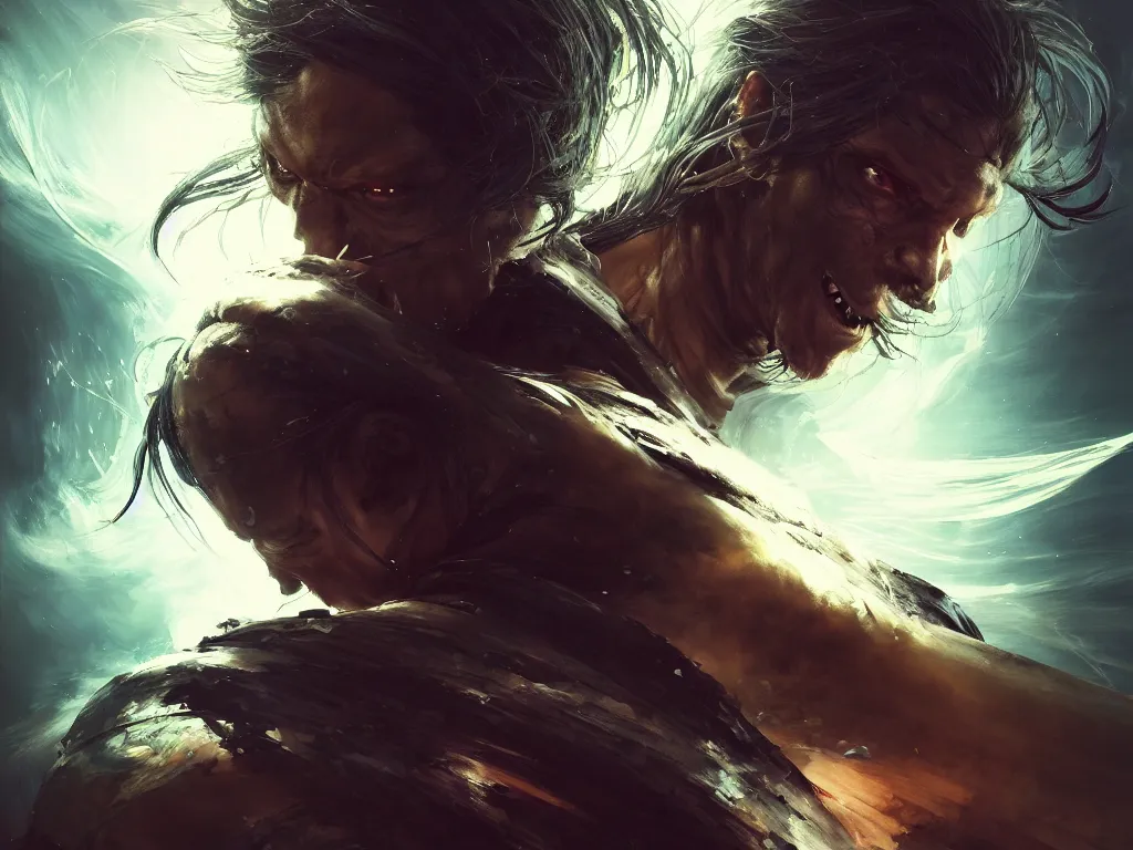 Image similar to a monsterish ninja warrior, flowing backlit hair, character closeup, beautifully designed character, award winning collaborative painting by geg ruthowski, alphonse murac, craig mullins, ruan jia, wlop, yoji shinkawa, collaborative artwork, exquisitely high quality and detailed