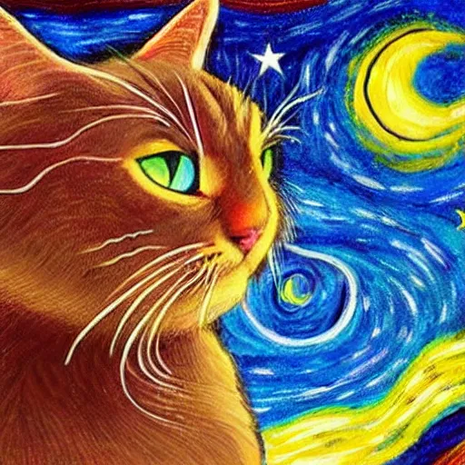 Prompt: a painting of a wizard cat in the style of starry night