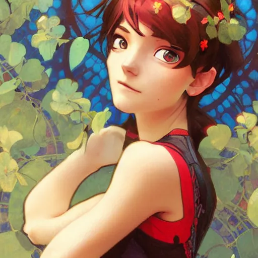 Image similar to Portrait of Marinette from Miraculous Ladybug. Art by Greg Rutkowski and Alphonse Mucha