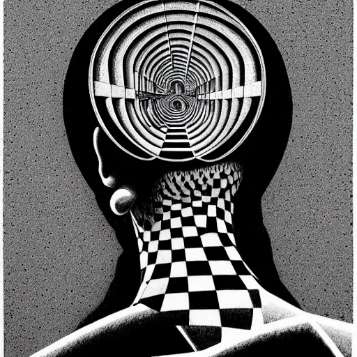 Image similar to grainy spray effect super conceptual figurative post - morden monumental figurative portrait made by escher and piranesi, highly conceptual figurative art, intricate detailed illustration, illustration sharp geometrical detail, vector sharp graphic, controversial, manga 1 9 9 0