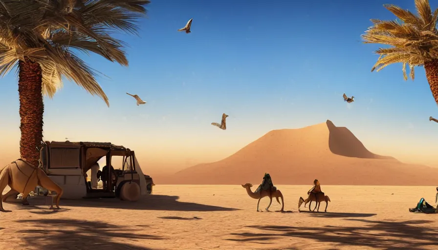 Image similar to a mirage with water stones and palm trees in the desert, artstation, surrounded by wide dessert, human arriving with camel, birds flying, clear blue sky, sun shining