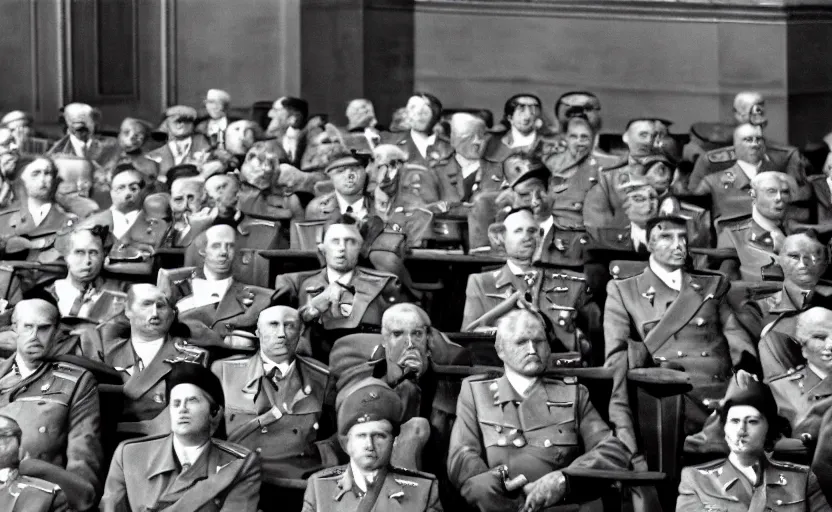 Image similar to 50s movie still of very diverse soviet generals head with very detailed faces in a stalinist parlement, by Alexei Guerman, Cinestill 800t 35mm black and white, heavy grainy picture, very detailed, high quality, 4k, HD criterion, precise texture, high quality face diversity, high quality haircut diversity, high quality age diversity