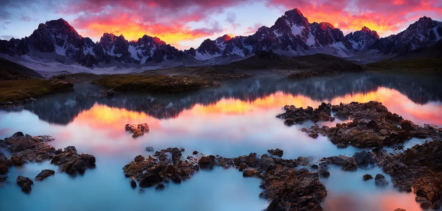 Image similar to amazing landscape photo of mountains with lake in sunset by marc adamus, beautiful dramatic lighting