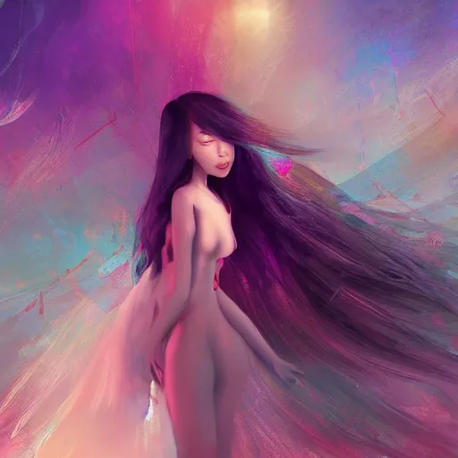 Image similar to a thin, pretty young Filipino woman with long hair floats in a dreamy world, very beautiful, inspiring, abstract digital art, trending on artstation