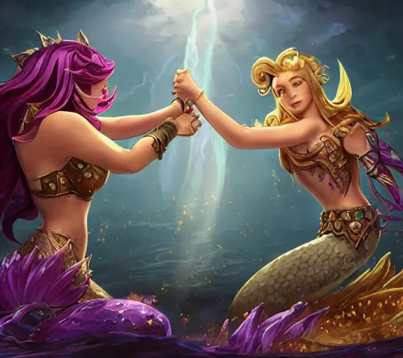 Image similar to two mermaids share a victorious fistbump, crepuscular rays behind fistbump, whimsical, dungeons and dragons, league of legends splash art, heroes of the storm splash art, hearthstone splash art, world of warcraft splash art, overwatch splash art, art by artgerm, art by alphonse mucha, intricately detailed, highly detailed, trending on artstation,