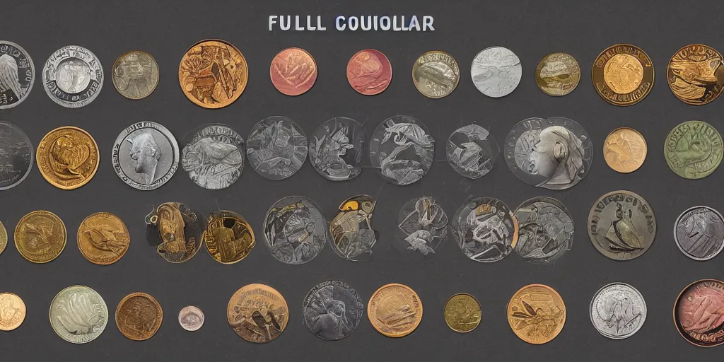 Prompt: full color page scan catalogue of various vintage coins illustrations on black background, in matte painting, 2 d, kitbash, 4 k