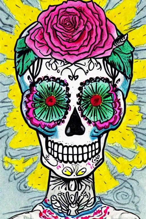 Prompt: illustration of a sugar skull day of the dead girl, art by hunter s thompson