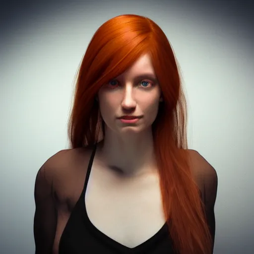 Image similar to portrait of a redhead woman with green eyes, hyper realistic, volumetric lighting