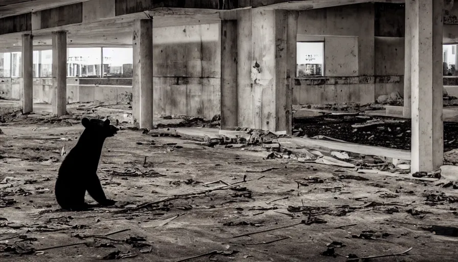 Prompt: a bear, in an abandoned mall, dim, photography