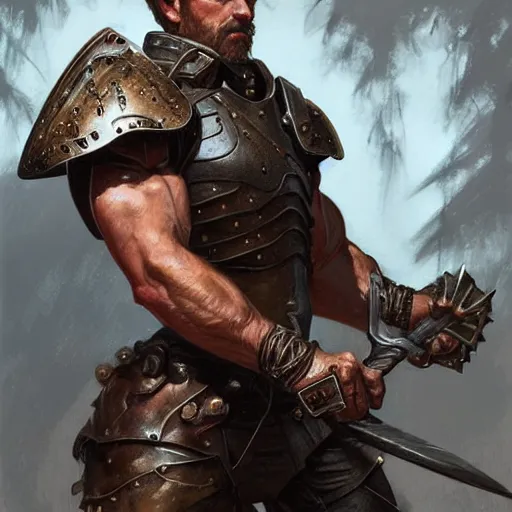 Image similar to rugged ranger’s thighs, handsome, lower body, cropped armor, muscular, exposed torso, closeup, D&D, fantasy, intricate, elegant, highly detailed, digital painting, artstation, concept art, matte, sharp focus, illustration, art by Artgerm and Greg Rutkowski and Alphonse Mucha