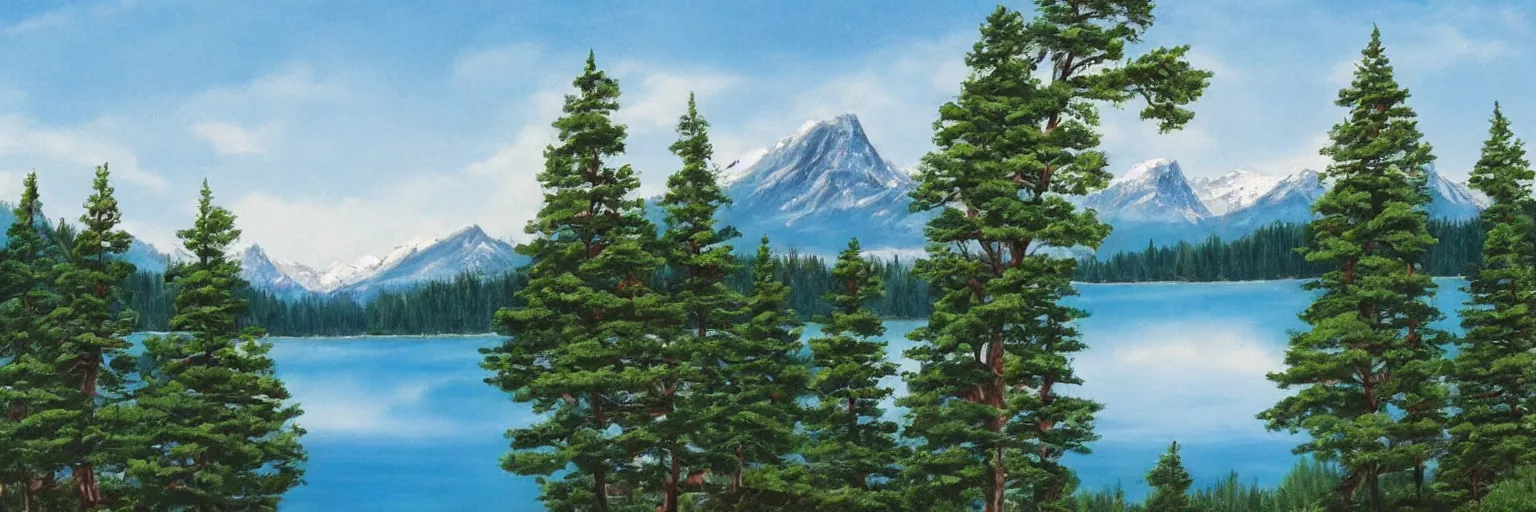 Image similar to a lake surrounded by pine trees with mountains in the background painted by Bob Ross