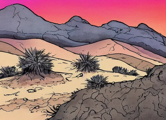 Image similar to illustration of a desert landscape, (inktober), line art, ((water color)), by Bill Waterson, By Jake Parker