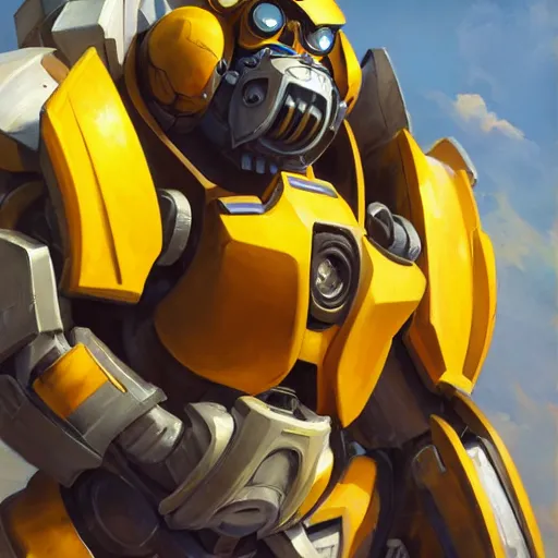 Image similar to greg manchess portrait painting of bumblebee the transformer as overwatch character, medium shot, asymmetrical, profile picture, organic painting, sunny day, matte painting, bold shapes, hard edges, street art, trending on artstation, by huang guangjian, gil elvgren, ruan jia, greg rutkowski, gaston bussiere