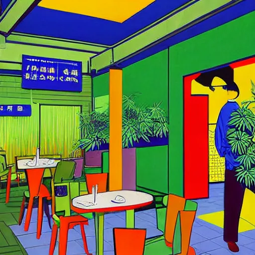 Image similar to taiwanese style cafe inside are australian patrons, decorated with cannabis pot plants 🪴 utopia frontage, pop art poster, vivid colors by will barnet