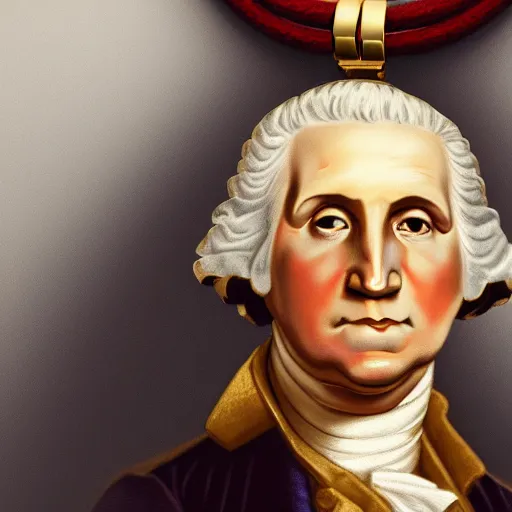 Image similar to a closeup photorealistic illustration of a happy George Washington holding wearing a chain around his neck with a small gold Doubloon coin as a necklace. This 4K HD image is Trending on Artstation, featured on Behance, well-rendered, extra crisp, features intricate detail and the style of Unreal Engine.