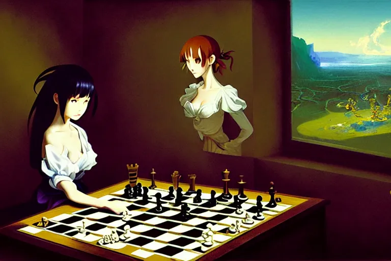 Image similar to baroque oil painting of anime key visual concept art of insane anime girl playinga against cthulu at a chess board, acrylic painting, trending on pixiv fanbox, palette knife and brush strokes, style of makoto shinkai jamie wyeth james gilleard edward hopper greg rutkowski studio ghibli genshin impact