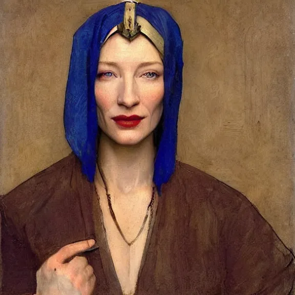 Image similar to cate blanchett by Annie Swynnerton and Nicholas Roerich and Vermeer, strong dramatic cinematic lighting , ornate headdress , lost civilizations, smooth, sharp focus, extremely detailed