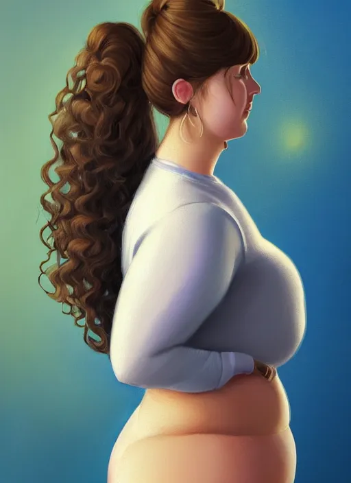 Image similar to full body portrait of teenage betty cooper, obese, bangs, ponytail, sultry, realistic, sultry smirk, ponytail hairstyle, fluffy bangs, curly bangs, skirt, fat, belly, intricate, elegant, highly detailed, digital painting, artstation, concept art, smooth, sharp focus, illustration, art by wlop, mars ravelo and greg rutkowski