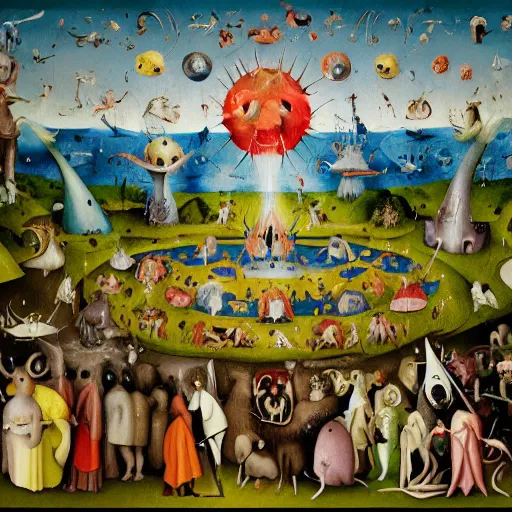 Image similar to garden of earthly delights by hieronymus bosch, animated in the style of pendleton ward, adventure time, bright and colorful