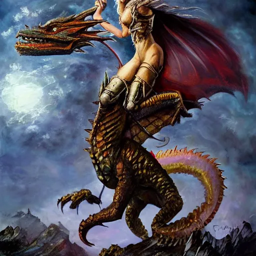 Image similar to oil painting of girl riding a dragon, fantasy, realistic textured scales, glowing eyes, sharp focus, artgem, boris valejo, frank frazetta, heavy metal style, trending on artstation, digital painting, julie bell, beautiful, very detailed,