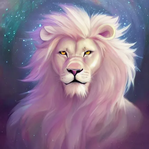 Image similar to aesthetic portrait commission of a albino male furry anthro lion surrounded by soft pastel rainbows while wearing a soft wizard outfit, winter Atmosphere. Character design by charlie bowater, ross tran, artgerm, and makoto shinkai, detailed, inked, western comic book art, 2021 award winning painting