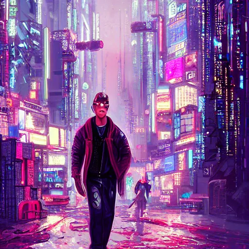 Image similar to alex o'connor in a cyberpunk city