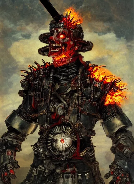 Image similar to portrait of a diabolical cyborg clown samurai on fire, wearing burning torn cape, dynamic pose, glowing eyes, post apocalyptic ancient ruins, glowing veins subsurface scattering, in clouds, sunset, portrait, by gerald brom, by mikhail vrubel, by peter elson, muted colors, extreme detail, reflections, trending on artstation, 8 k