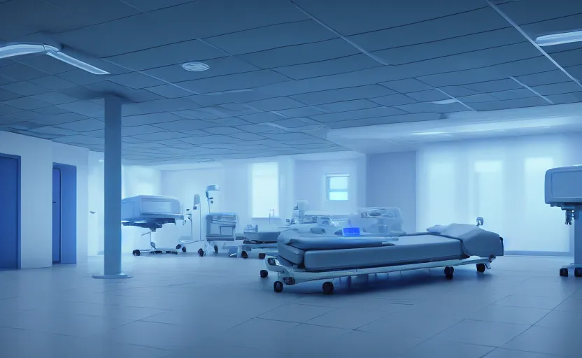 Image similar to a hospital with soft blue lights in the roof, octane render, artstation trending, highly detailded