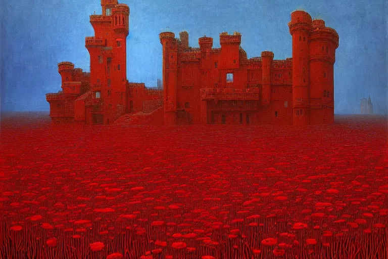 Image similar to only with red, red flowers of different types, a red tiger, a castle in the background, medieval demons dance over the flowers, an ancient path, in the style of beksinski, part by hopper, part by rodcenko, part by hofbauer, intricate composition, red by caravaggio, insanely quality, highly detailed, masterpiece, red light, artstation