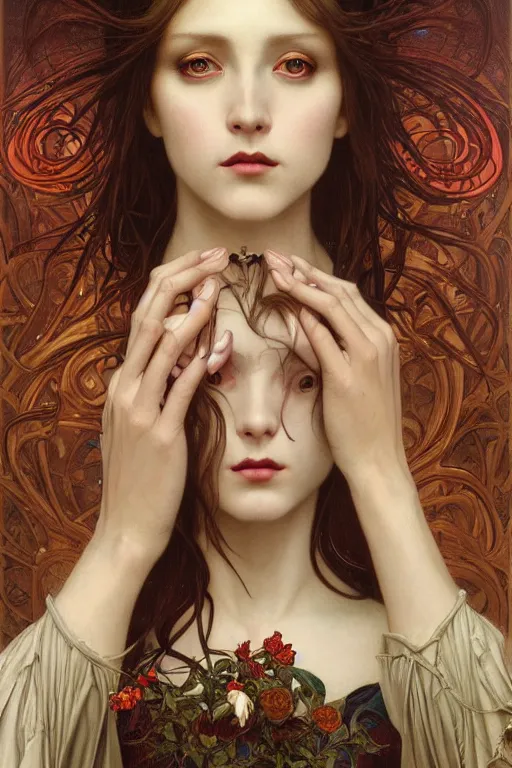 Image similar to masterpiece painting of beautiful vampire girl by donato giancola, darius zawadzki and tom bagshaw, face by artgerm and edmund leighton, alphonse mucha, background by james jean and h. r. giger, 8 k, biomechanical horror, majestic, volumetric lighting, porcelain skin, french nouveau, trending on pixiv