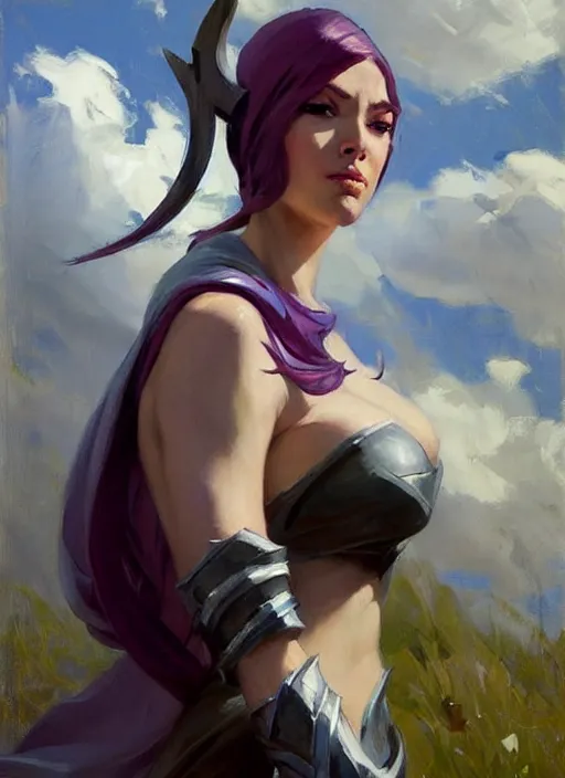 Image similar to Greg Manchess painting of Syndra from League of Legends, countryside, calm, fantasy character portrait, dynamic pose, above view, sunny day, thunder clouds in the sky, artwork by Jeremy Lipkin and Giuseppe Dangelico Pino and Michael Garmash and Rob Rey, very coherent asymmetrical artwork, sharp edges, perfect face, simple form, 100mm