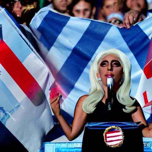 Image similar to Lady Gaga as president, Argentina presidential rally, Argentine flags behind, bokeh, giving a speech, detailed face, Argentina