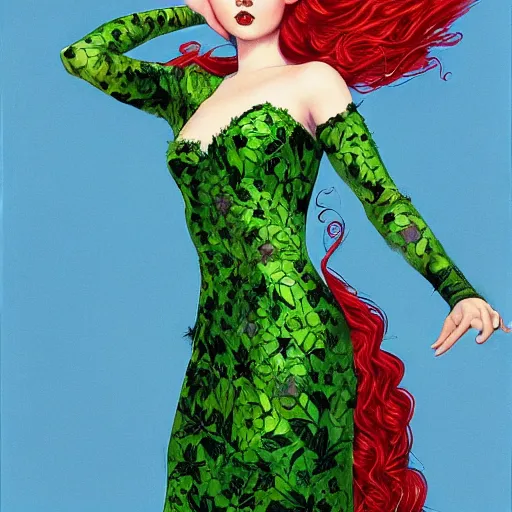 Prompt: portrait of lily cole as poison ivy, wearing a green dress and floral growths, epic details by alex ross