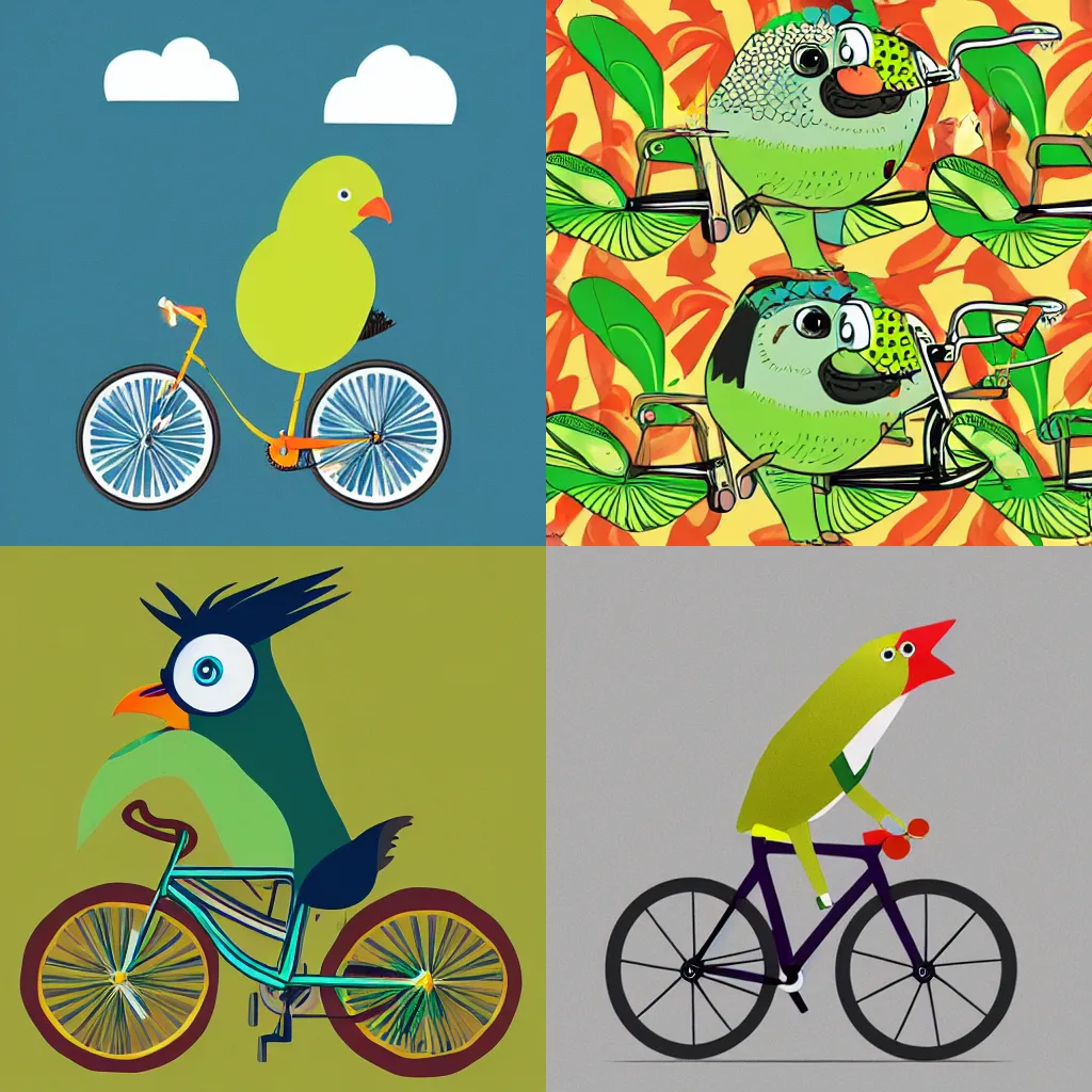 Prompt: kiwi bird riding a bike, flat illustration