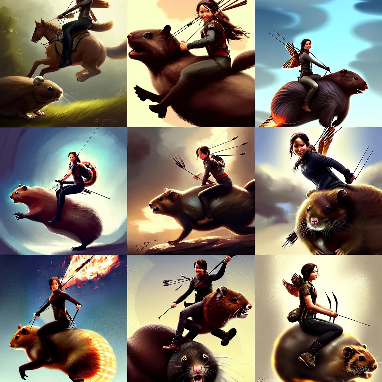 Prompt: katniss everdeen riding on the back of a giant hamster, digital art by greg rutkowski