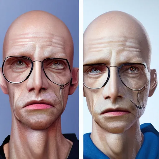 Image similar to A middle-aged Dr. Venture in real life with a hooked nose, a long gaunt face and skinny body and neck, very thin and bald, realistic, very realistic, hyperrealistic, highly detailed, very detailed, extremely detailed, detailed, digital art, oil painting, trending on artstation, headshot and bodyshot, detailed face, very detailed face, extremely detailed face, HD Quality, 8k resolution, very very detailed face, real life