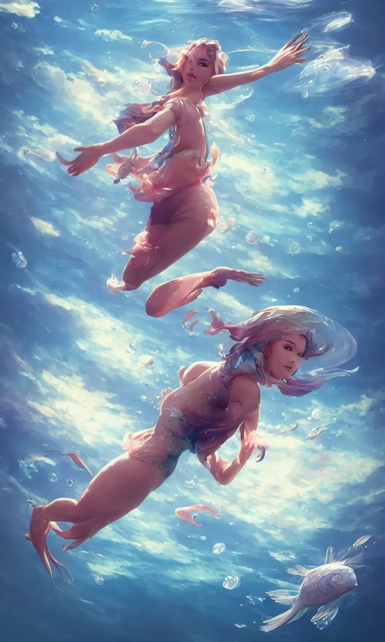 Prompt: a fish woman, diving in the air rounded by jelly clouds made by Stanley Artgerm Lau, WLOP, Rossdraws, ArtStation, CGSociety, concept art, cgsociety, octane render, trending on artstation, artstationHD, artstationHQ, unreal engine, 4k, 8k,