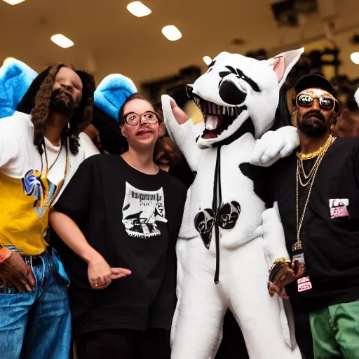 Image similar to snoop dogg taking a photo with fursuiters at a furry convention, 4 k photography