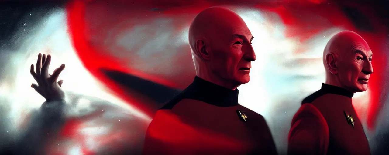 Image similar to duotone black and red concept 3 / 4 portrait of ( ( ( picard facepalm meme ) ) ) captain jean - luc picard doing facepalm inside uss enterprise. accidental renaissance. concept by stanley kubrick. sergey kolesov and ruan jia and heng z. graffiti art, scifi, fantasy, hyper detailed. octane render. trending on artstation