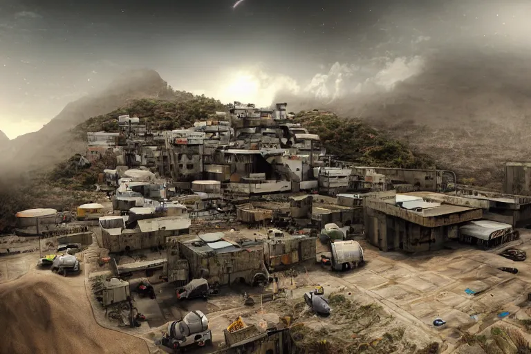 Prompt: favela hospital hangar bunker, desert environment, industrial factory, cliffs, gloomy, milky way, award winning art, epic dreamlike fantasy landscape, ultra realistic,