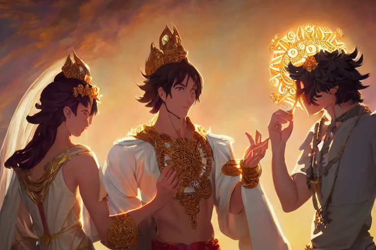 Image similar to close up moment of a divine a sun god and a moon goddess lovers magician at a wedding banquet, highly detailed, d & d, fantasy, 4 k realistic, digital painting, trending on artstation, concept art, sharp focus, illustration, art by makoto shinkai and akihiko yoshida and daniel gerhartz