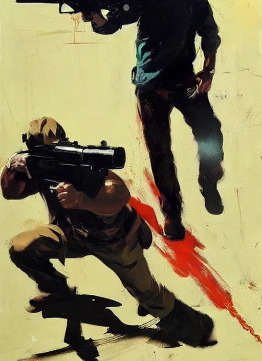 Prompt: keemstar pointing a gun, shooting, muzzle flash, enraged, painting by phil hale, 'action lines'!!!, graphic style, visible brushstrokes, motion blur, blurry