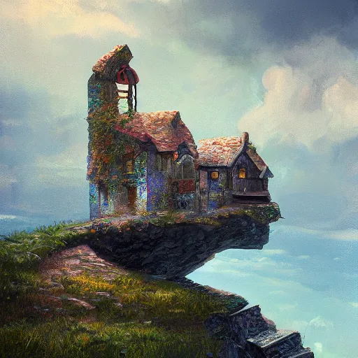 Image similar to aesthetic iridescent crumbling cottage on a cliff by the sea, oil on canvas, artstation, soft render