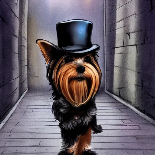 Image similar to detective yorkshire terrier wearing a fedora, disney eyes, in a dark alley, by D&D Concept Artists