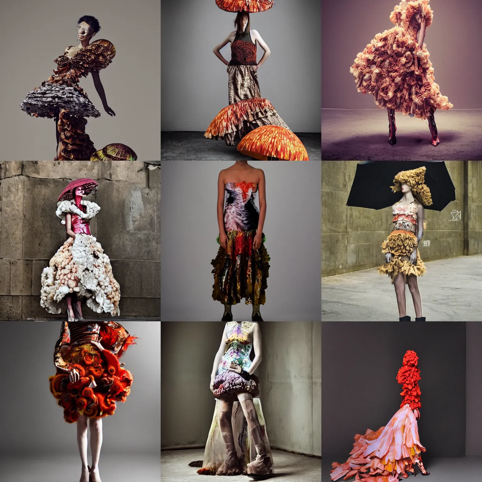 Prompt: 👗 made of 🍄 !! studio photo, street style, high fashion, backlit, Alexander mcqueen, Vivienne Westwood, fantasy lut,