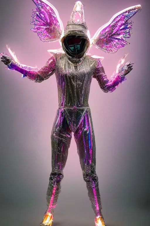 Image similar to full-body rococo and cyberpunk delicate crystalline sculpture of a muscular iridescent Bad Bunny as a humanoid deity wearing a thin see-through plastic hooded cloak sim roupa, posing like a superhero, glowing pink face, crown of white lasers, large diamonds, swirling black silk fabric. futuristic elements. oozing glowing liquid, full-length view. space robots. human skulls. throne made of bones, intricate artwork by caravaggio. Trending on artstation, octane render, cinematic lighting from the right, hyper realism, octane render, 8k, depth of field, 3D