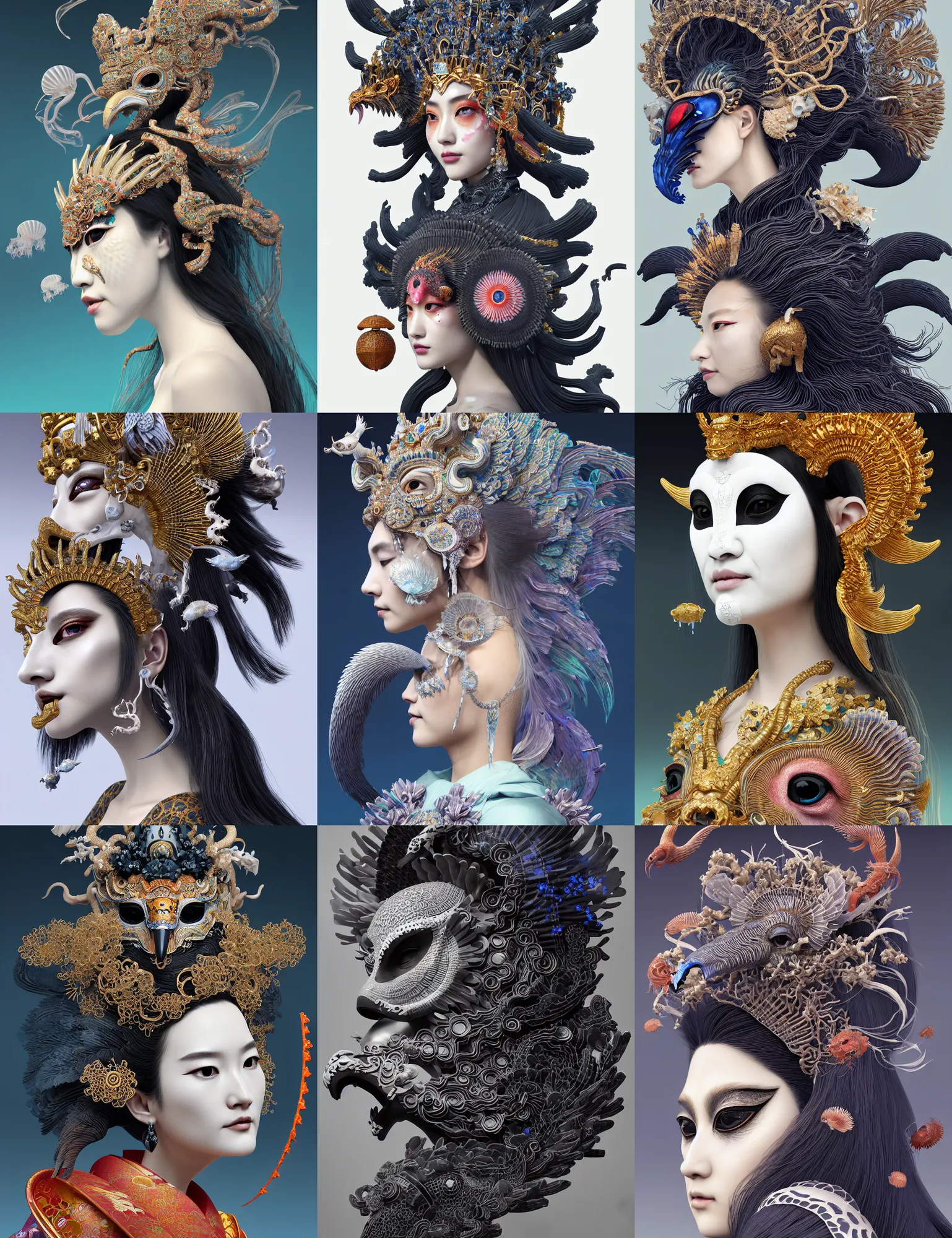 Prompt: 3 d goddess close - up profile portrait with crown, ram skull. beautiful intricately detailed japanese crow kitsune mask and clasical japanese kimono. betta fish, jellyfish pheonix, bio luminescent, plasma, ice, water, wind, creature, artwork by tooth wu and wlop and beeple and greg rutkowski