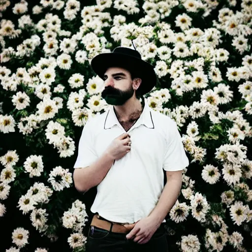 Image similar to photo portrait of a man with a moustache standing in front of flowers, tumblr contest winner, aestheticism, masculine, aesthetic